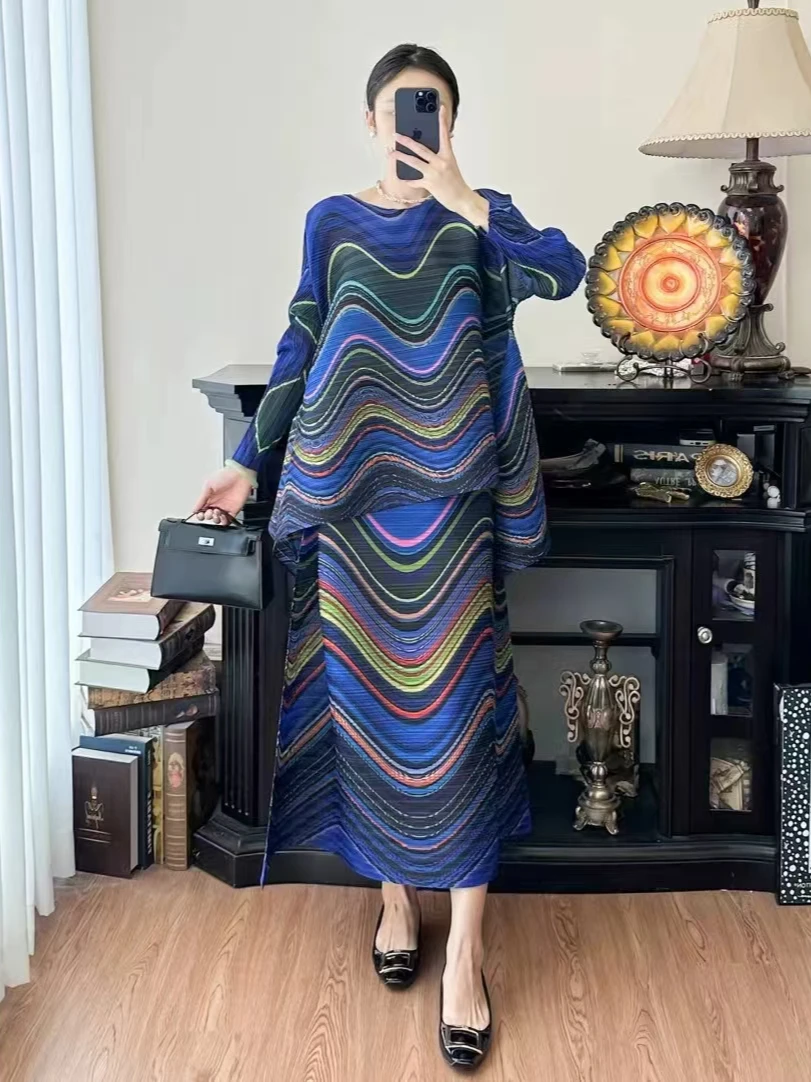 YUDX 2024 Fall New Rainbow Stripe Printed Design Top + Pleated Half-body Skirt Women's Two Piece Set