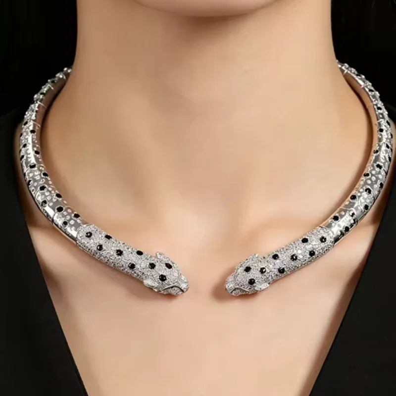 Elastic Solid 925 Silver High Carbon Diamond Black Enamel Double Leopard Choker Necklace For Women Party Fine Panther Jewelry