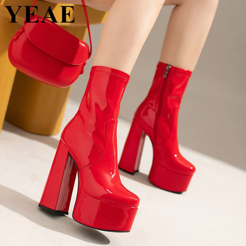 Women Red Patent Leather Chunky Short Boots Platform Thick Sole Ankle Boots Sexy High Heels Side Zipper Party Shoes Woman 2024