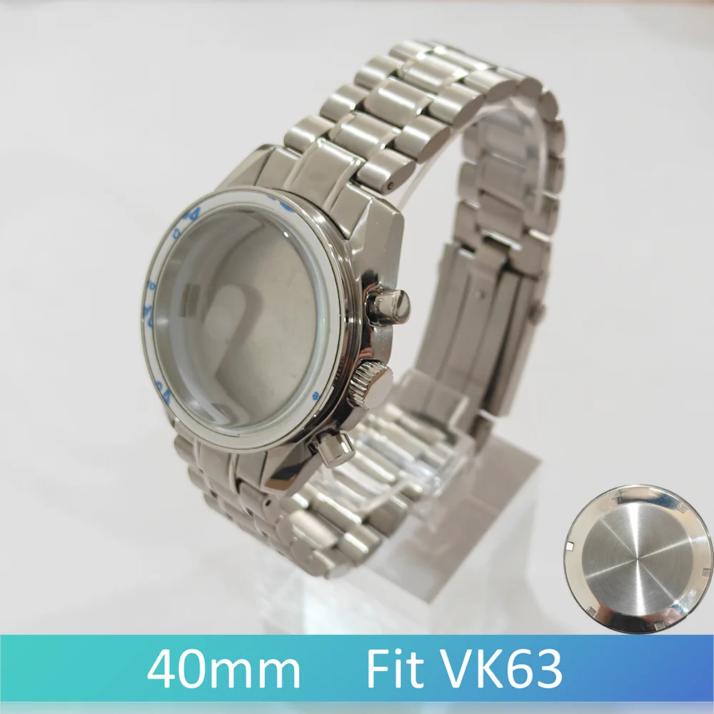 Fit VK63 Case 40mm Moon Watch 316L roestvrij staal Mineraalglas 20mm band Zilver/zwart Monteren de horloges Vervang onderdelen