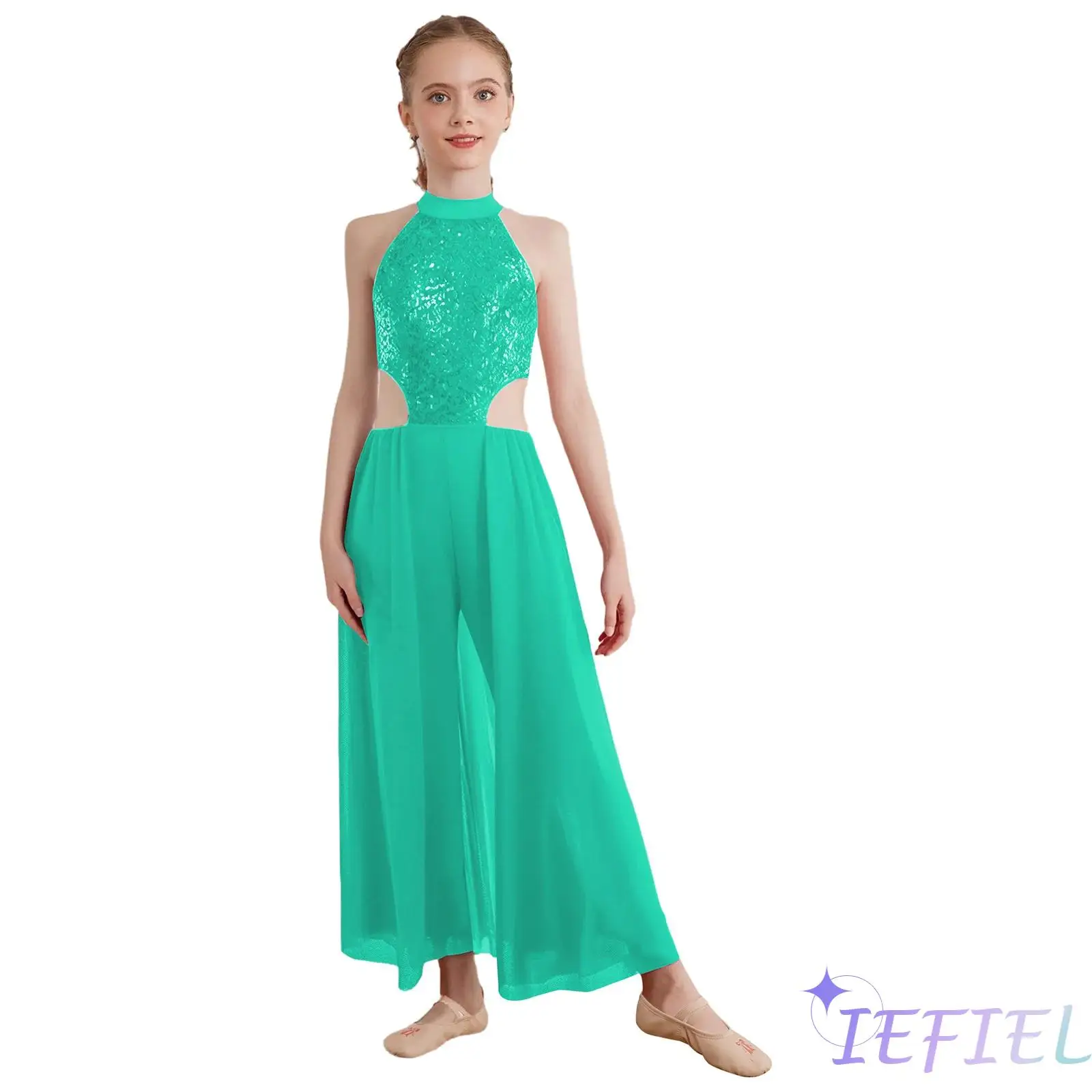 

Kids Girls Latin Dance Performance Costume Shiny Sequins Halter Sleeveless Backless Skirted Jumpsuit Lyrical Latin Dancewear