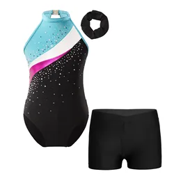Kids Girls Rhinestone Ballet Jersey Gymnastics Artistic Skating Costume Sparkling Dance Unitards Jumpsuit with Bicycle Shorts