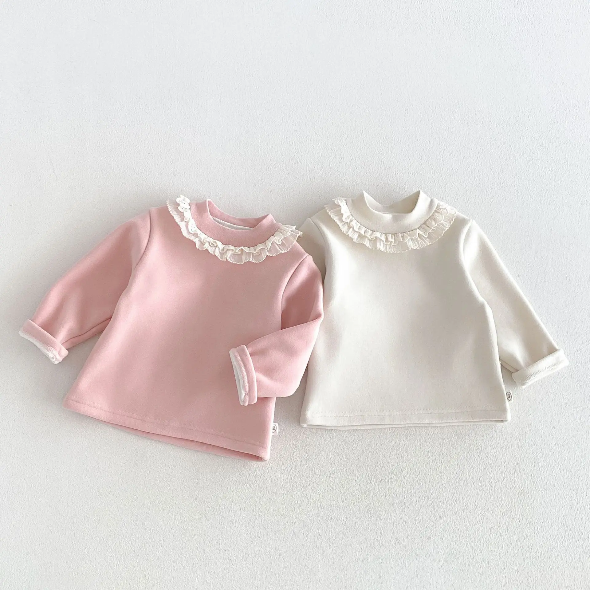 2026 New Winter Girls Lace Trim Fleece-Lined Top | Thick Solid Color Base Layer | Warm Inner Shirt