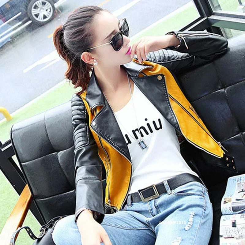 TPJB Neue Frauen Weiche Motorrad Kurze Faux Leder Jacke Frauen Damen Herbst Biker Streetwear Schwarz Gespleißt Reißverschlüsse Mantel