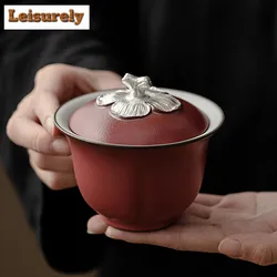 160ml Handmade Zhiye Braised Ceramic Gaiwan Persimmon Red Ruyi Tea Tureen Household Tea Making Cover Bowl Tea Services Craft