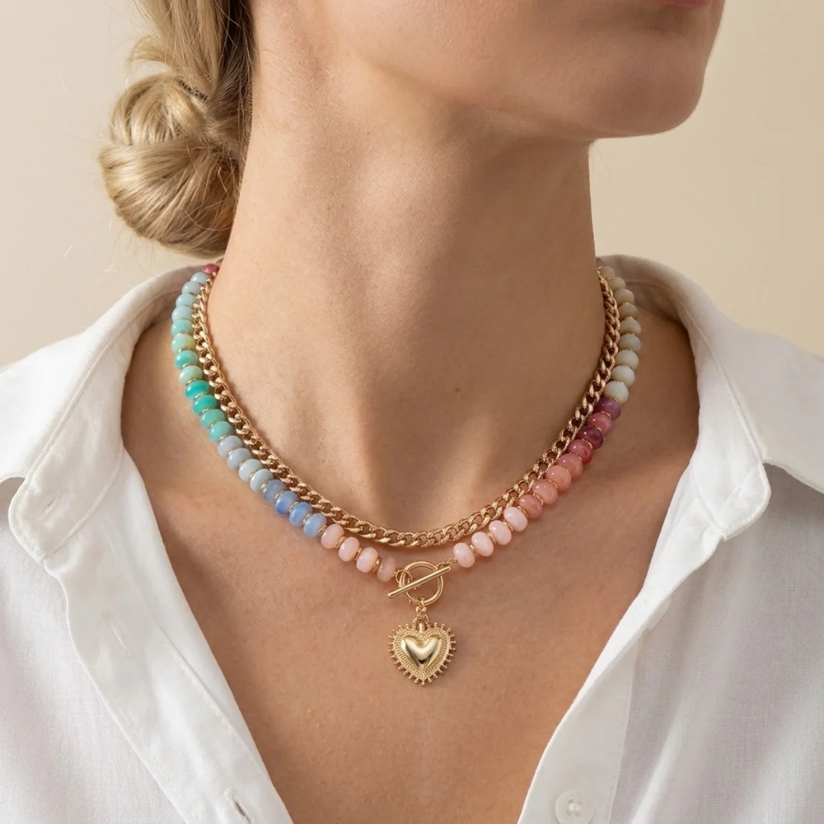 Y2K-Halskette mit Herzanhänger aus farblich abgestuften Harzperlen für Damen und Herren, Liebesherz, bunte Acrylperlen, Choker, ästhetischer Schmuck – Detail 13