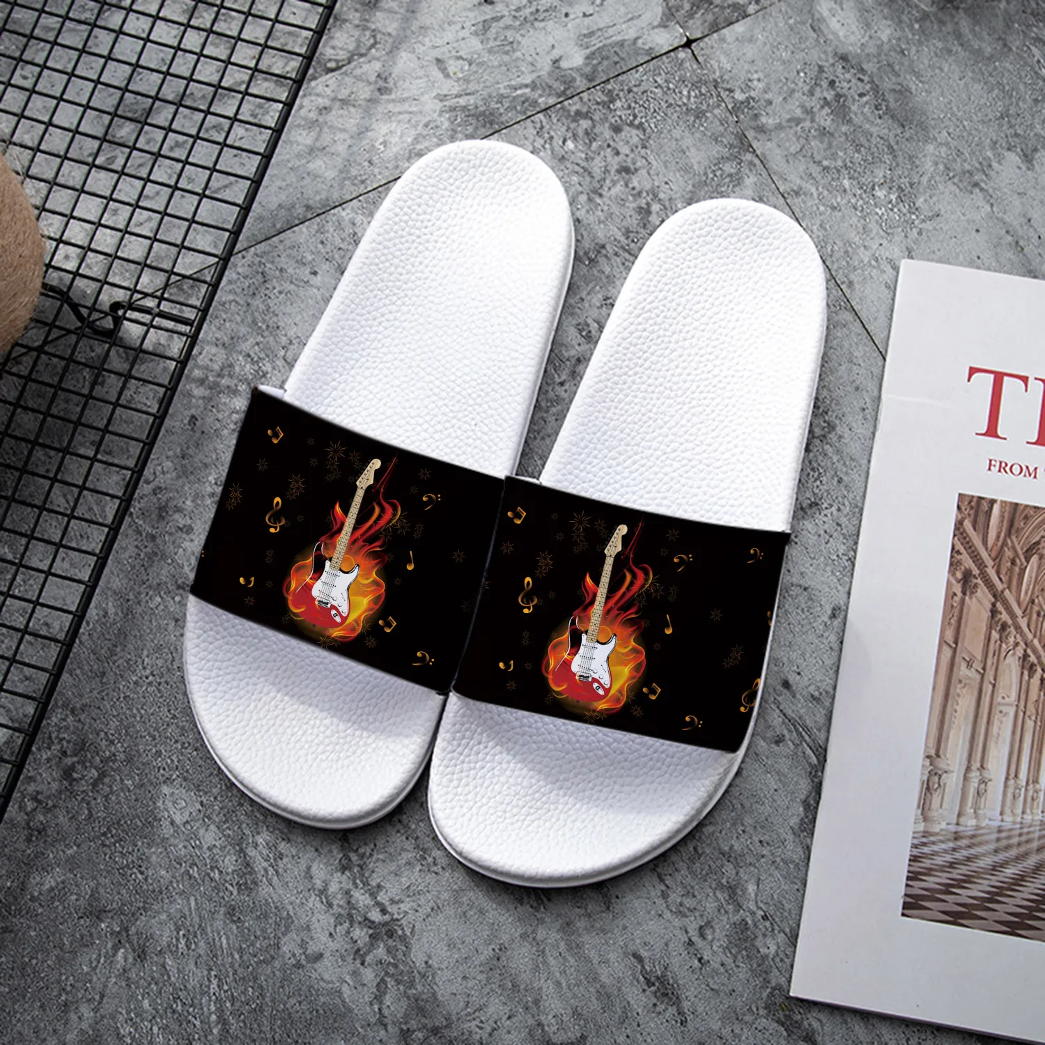 White PVC Casual Summer Indoor/Outdoor House Shoes with Cartoon Guitar & Flame Design, Lightweight Comfort for Home