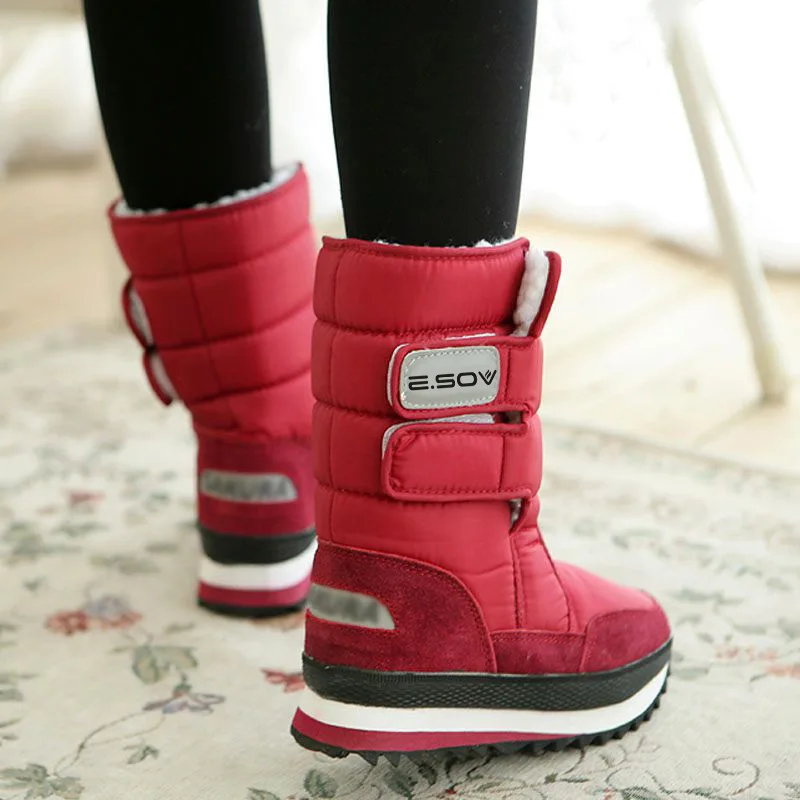 Free Shipping Women Hook and Loop Mid Calf Boots Red Thick Fleece Lined Thick Sole Winter Boots, Customer Favorite