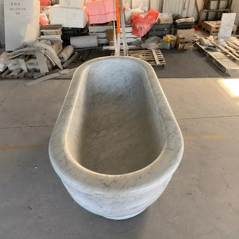 Wholesale Natural White Marble 57 Inch Bathtub Free Standing Stand Alone Tub With Right Or Left Drainer For Vintage Bathroom