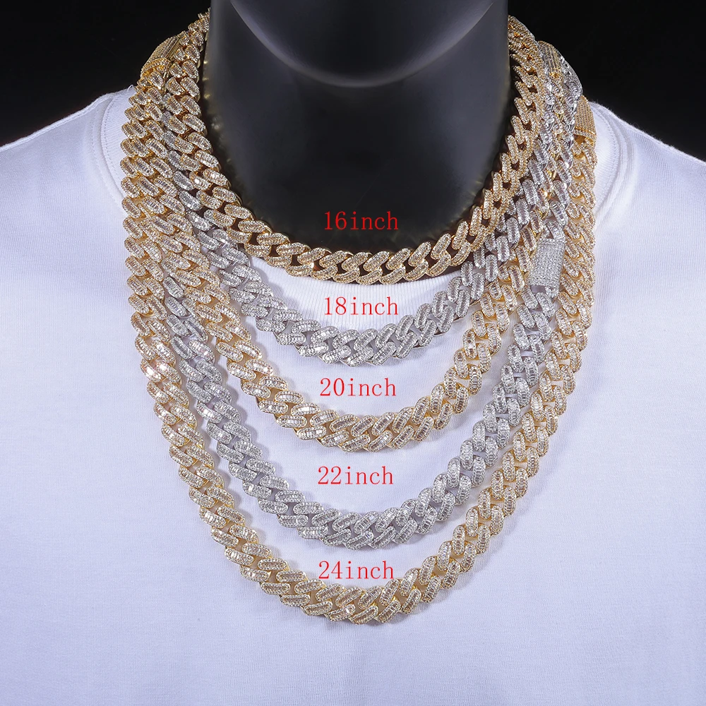

Hip Hop Style 12MM 15MM Cuban Necklace Bling Baguette Diamond Chain Iced Out Miami Cuban Link Chain for Men