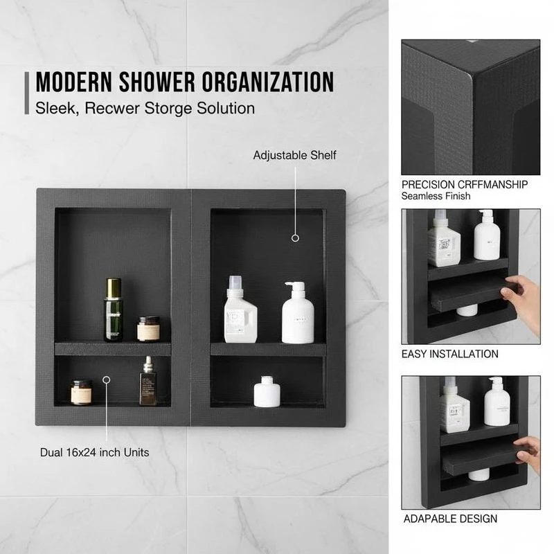 Recessed Wall Storage 16x24 + 16x24 Inch For Bathroom Shower Restroom, Movable Shelf Modern Soap Shampoo Organizer Square Corners Sealed Black Insert Units - view 6