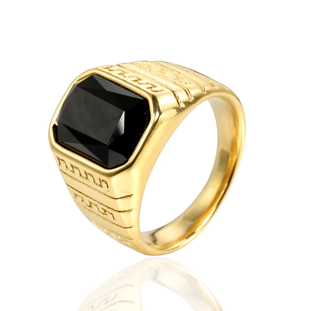 Fashionable pattern carving multicolored square gemstone diamond titanium steel ring