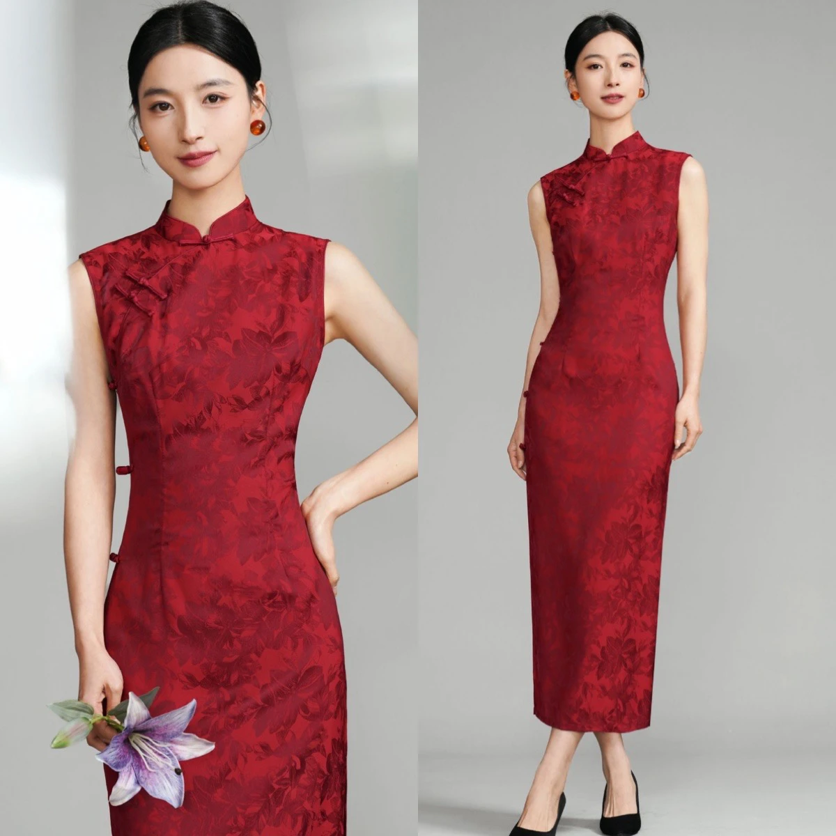 

Красное улучшенное платье-ципао в китайском стиле с зауженной талией, винтажное, длинное, с косым воротником, низкая цена