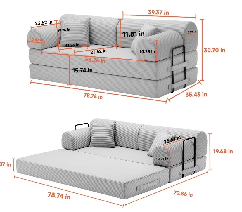 Convertible Sleeper Sofa Bed Couch 4-in-1 Boneless Black Corduroy Folding Sofa Bed Floor Mattress Couch Loveseat For Living Room