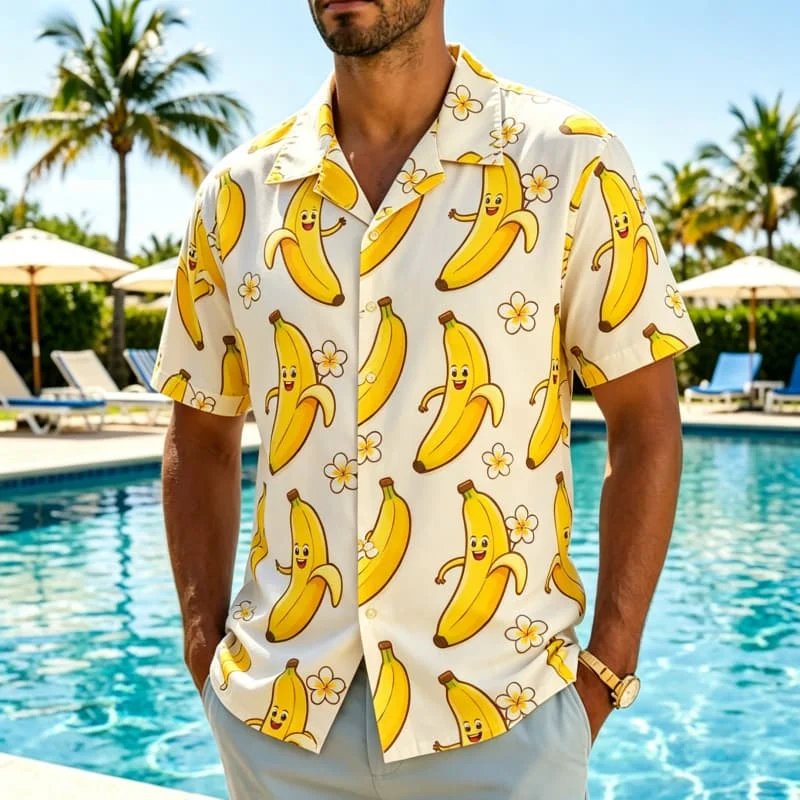 Men's Playful And Interesting Cartoon Fruit Printed Hawaiian shirt, Suitable For Pool parties, Summer vacations, And Daily Wear