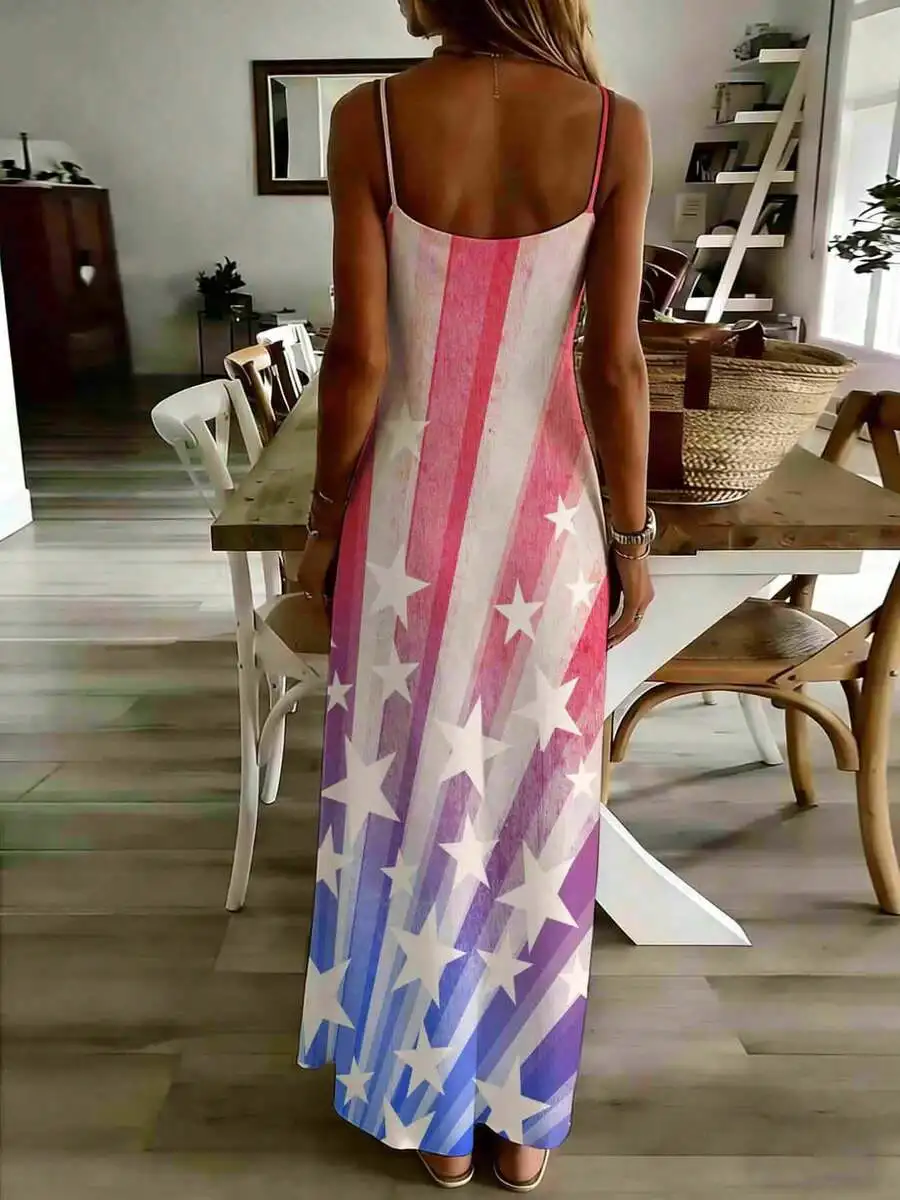 

Sleeveless American Flag Inspired Maxi Dress For Women With Star And Stripe Print, Casual Summer Long Dress