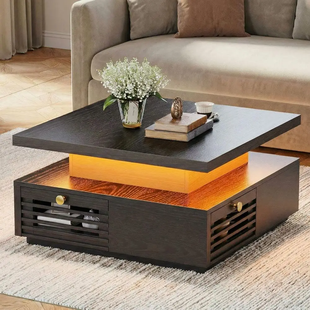 

LED-lit Charging Station Coffee Table with 4 Grilled Storage Drawers, Square Design for Living or Office Space (Black)