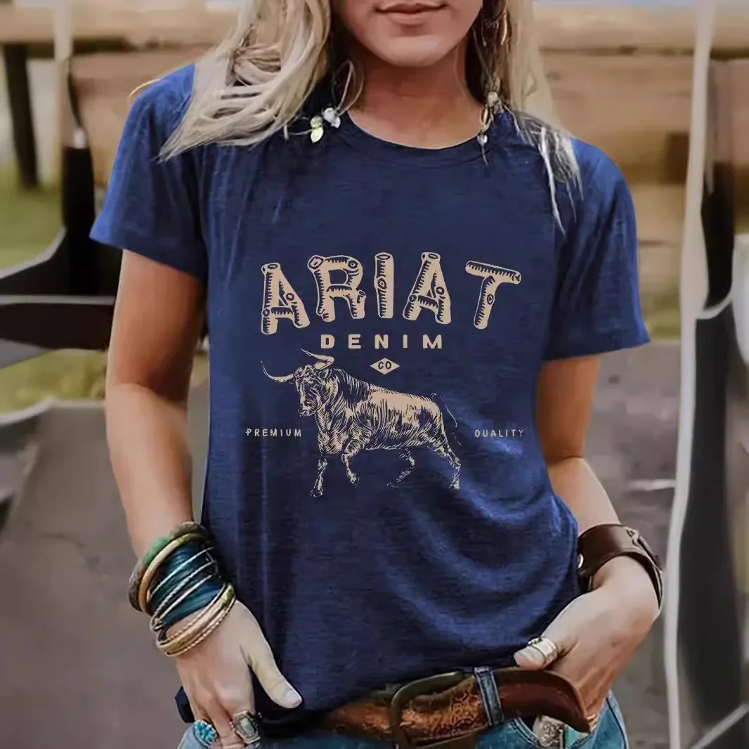 أمازون أوروبا الصيف الملابس النسائية نمط ARIAT جولة الرقبة قصيرة الأكمام عارضة المألوف تصدير أفضل بائع تي شيرت #1