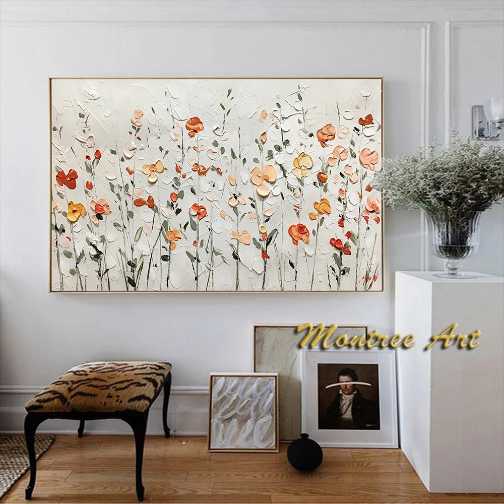 Handmade Oil Painting Flower Oil Painting Abstract Pink Flower Painting Flower Landscape Painting Floral Living Room Wall Art