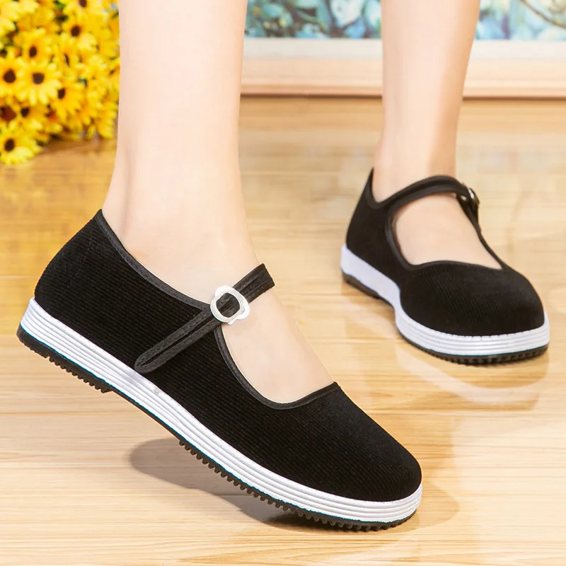 Women's Spring Buckle-Fastened Flat Shoes Round-Toe Low-Top Corduroy Work Shoes for Woman Soft Bottom Lightweight Woman Shoes