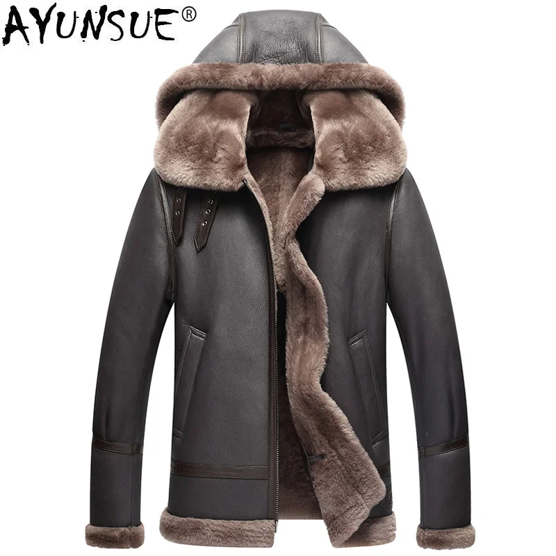 

Genuine Leather Jacket Men Winter Australian Natural Fur Real Sheepskin Coat for Lamb Flight 's Jackets KJ853