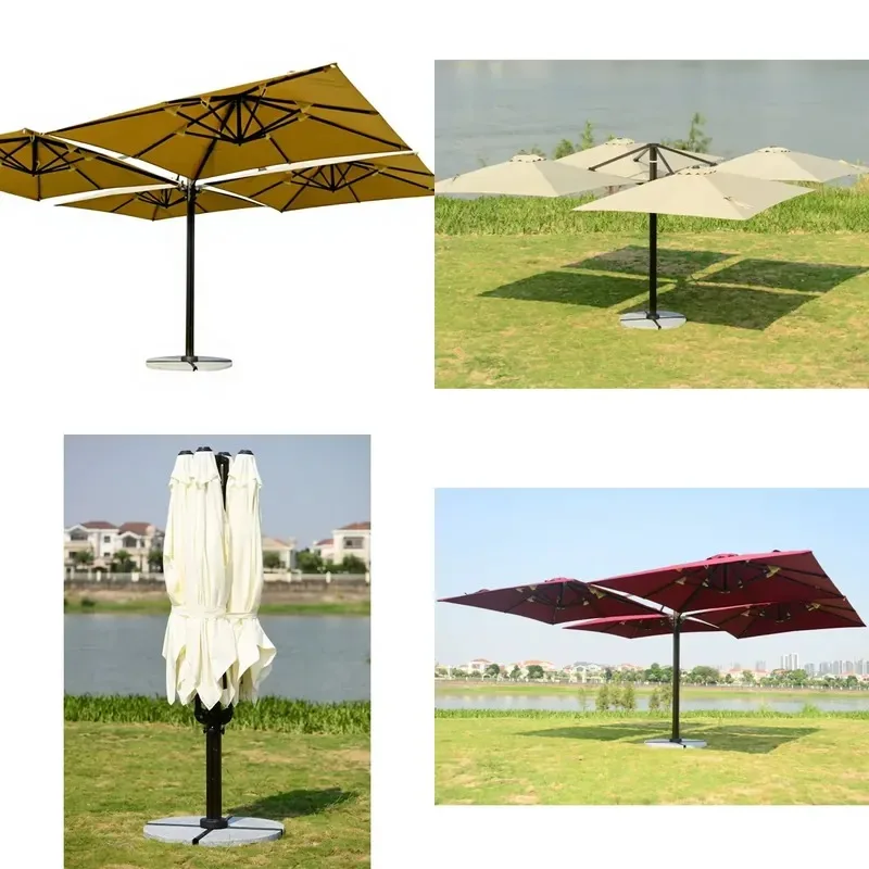 Modern 2.5m Large Square Four Head Center Pole Outdoor Garden Parasol UV Protection for Restaurant Beach Backyard