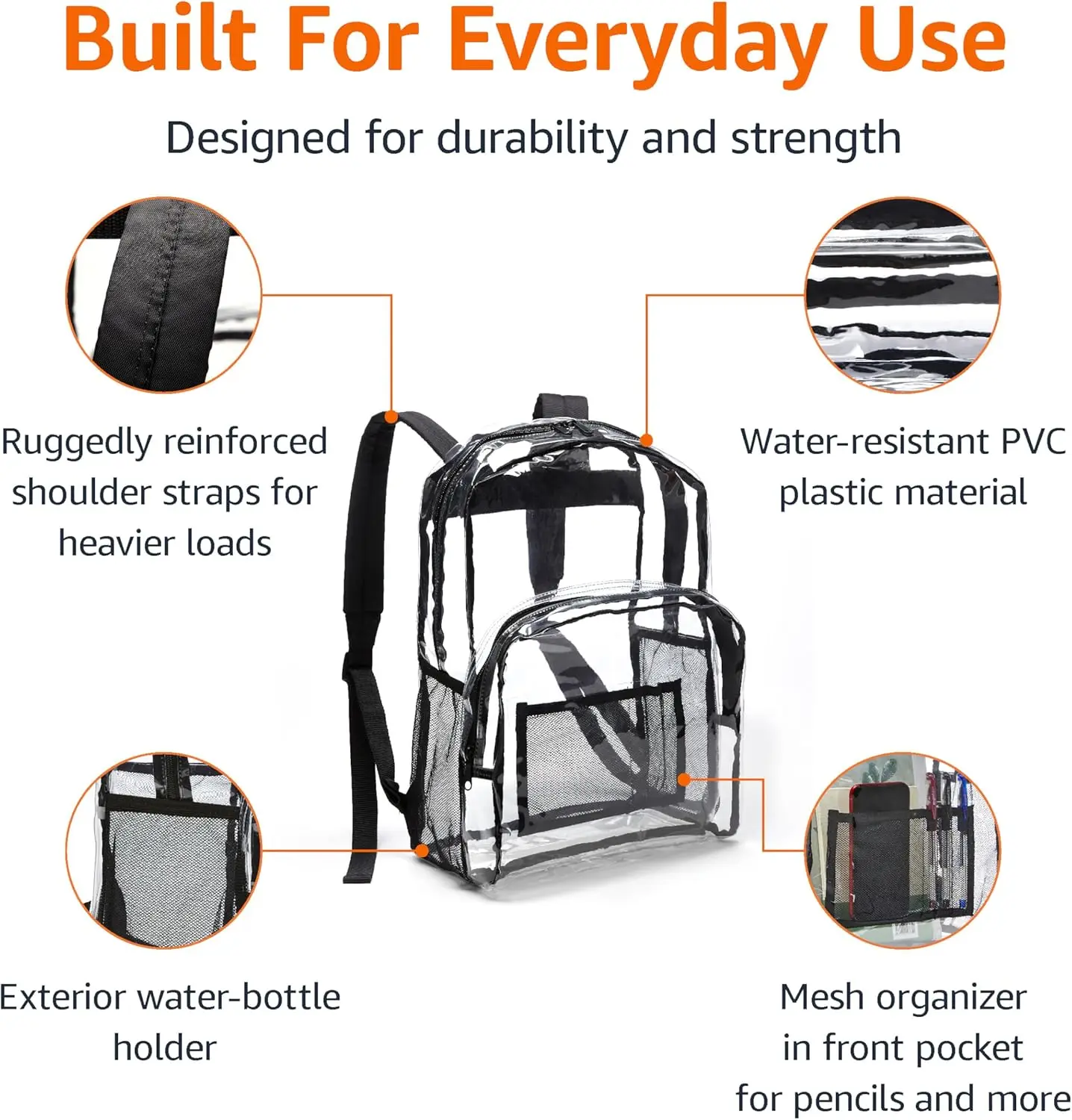 Basics Transparent School Backpack, With Water-Resistant PVC Plastic Material and Ruggedly Reinforced Shoulder Straps, Cl