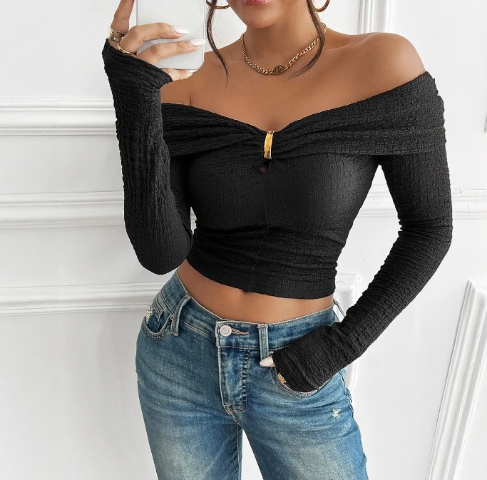 Women Elegant Blouses 2024 Summer Autumn Latest Sexy Slimming Open Navel Long Sleeve Knitted Shirt Solid Color One Shoulder Top