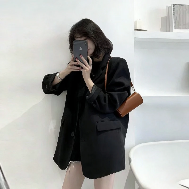 2026 Spring Autumn Women Black Blazer Korean Style Casual Chic Cropped Jacket for Petite Advanced Sense