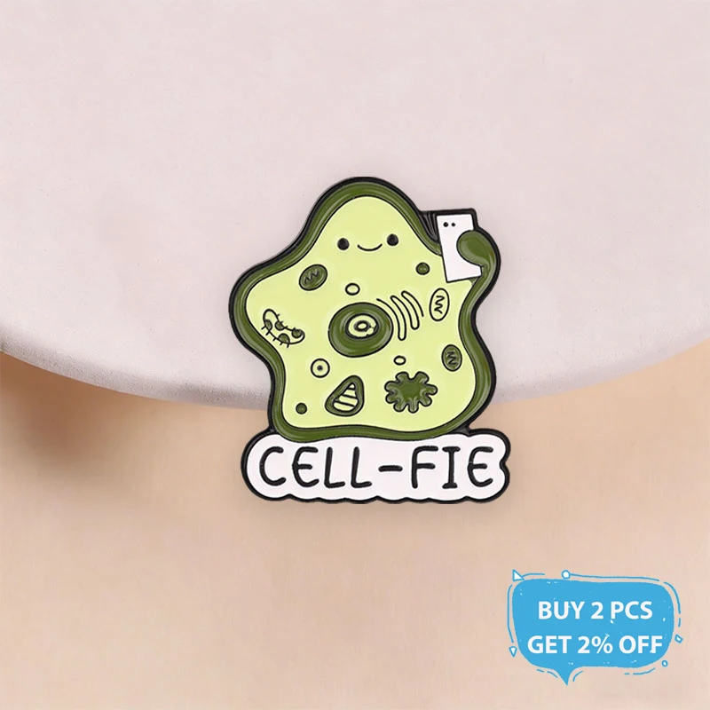 Fuuny Pun CELL‑FIE Enamel Pin Biology Science Mitochondria Nucleus Ribosomes Animal Cell Organelle Brooch Lapel Badge Jewelry Gi