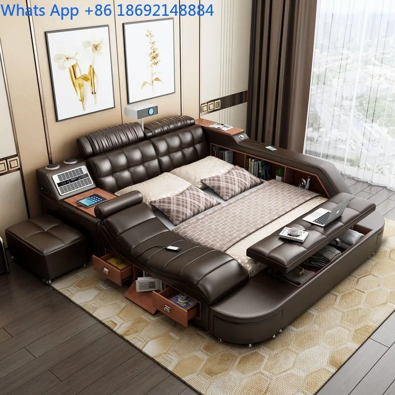 

High-end Leather Bed Tatami Genuine Leather Double Bed Master Bedroom 1.5/ 1.8m Simple Smart Massage Wedding Bed