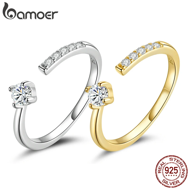 BAMOER Simple 925 Sterling Silver Clear Zircon Band for Women Stackable Jewelry Adjustable Ring