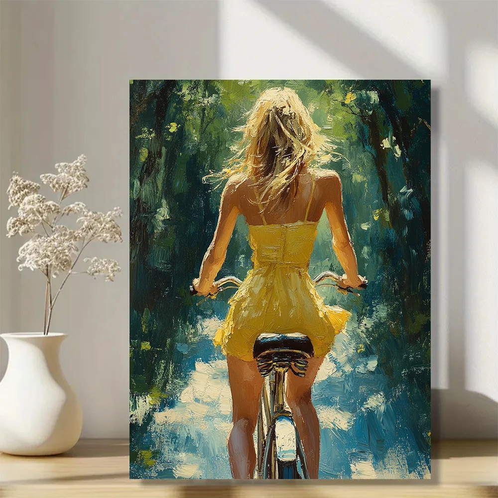 (No frame)2D Flat, 2D Flat, 2D Flat 1pc, with Frame, 12X16Inch[2D Flat] Lady in Yellow Dress Riding a Bicycle, Cycling Print,
