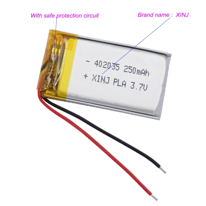 2pcs 3.7V 250mAh 0.92Wh Li-Polymer Replacement Lipo Rechargeable Battery JST 2Pin 1.0/1.25/1.5/2.0/2.54mm Connector plug 402035