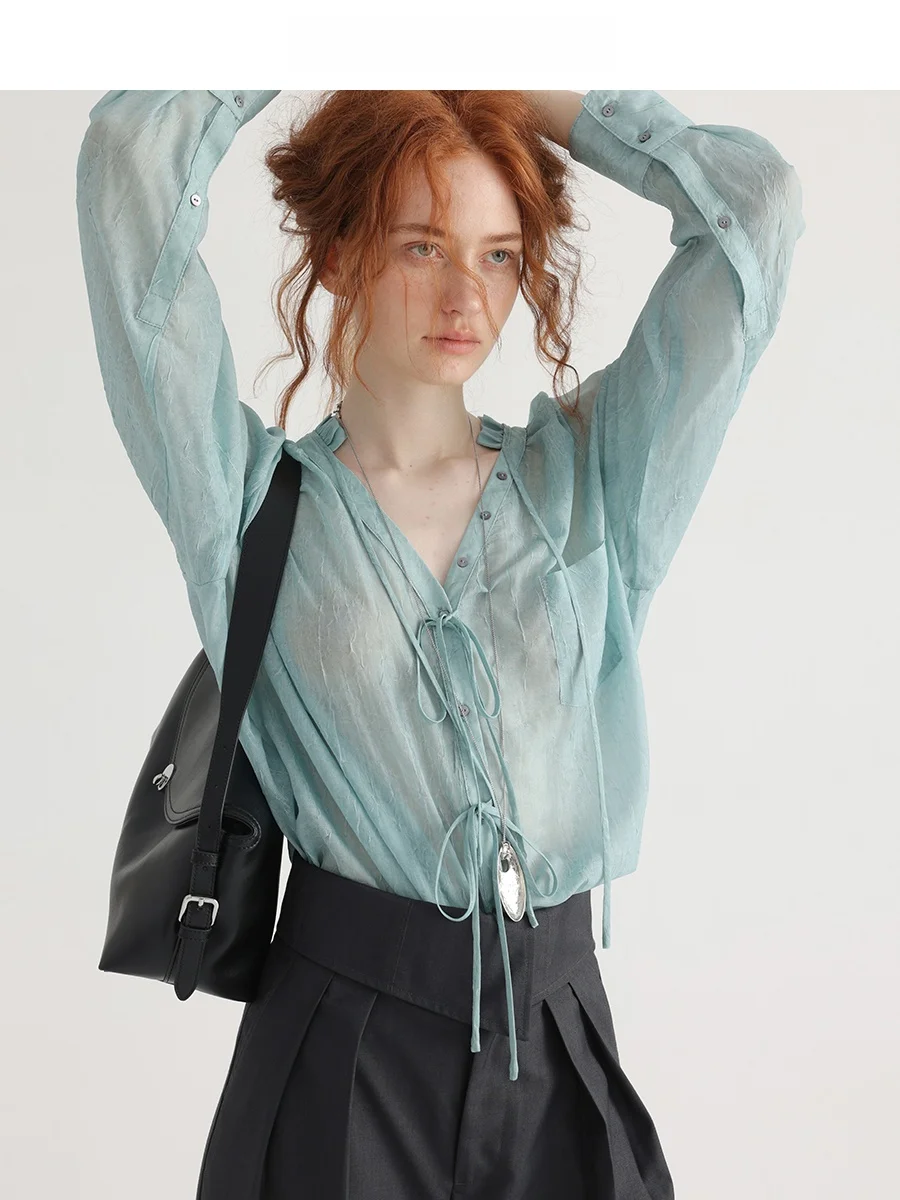 

Chachastu Simple Long Sve V-Ne Blouse Women Early Spring New Blue adient Thin Sun Protection Top French Sle Loose Fit