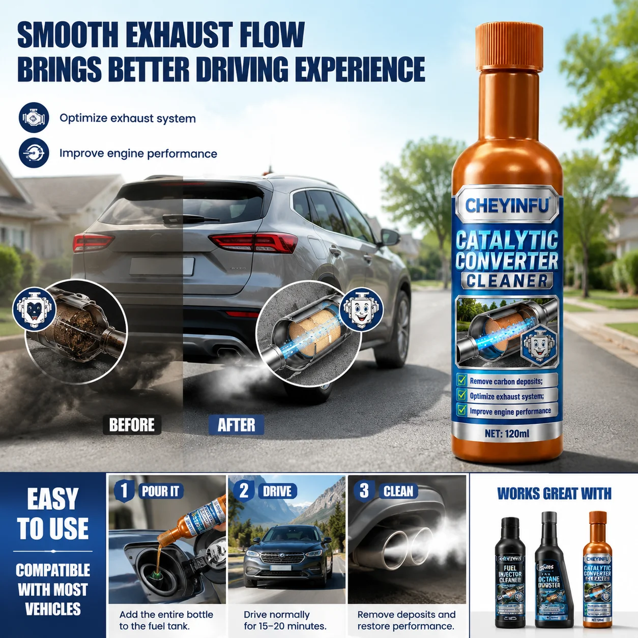 CHEYINFU Catalytic Converter Cleaner Fuel Additive Oxygen Sensor Carbon Remover 120ml