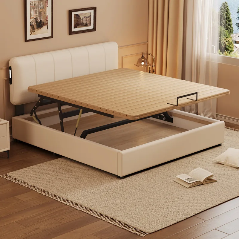 Modern simple leather bed adjustable bedside translation air pressure lift high box storage bed small apartment nano box bed