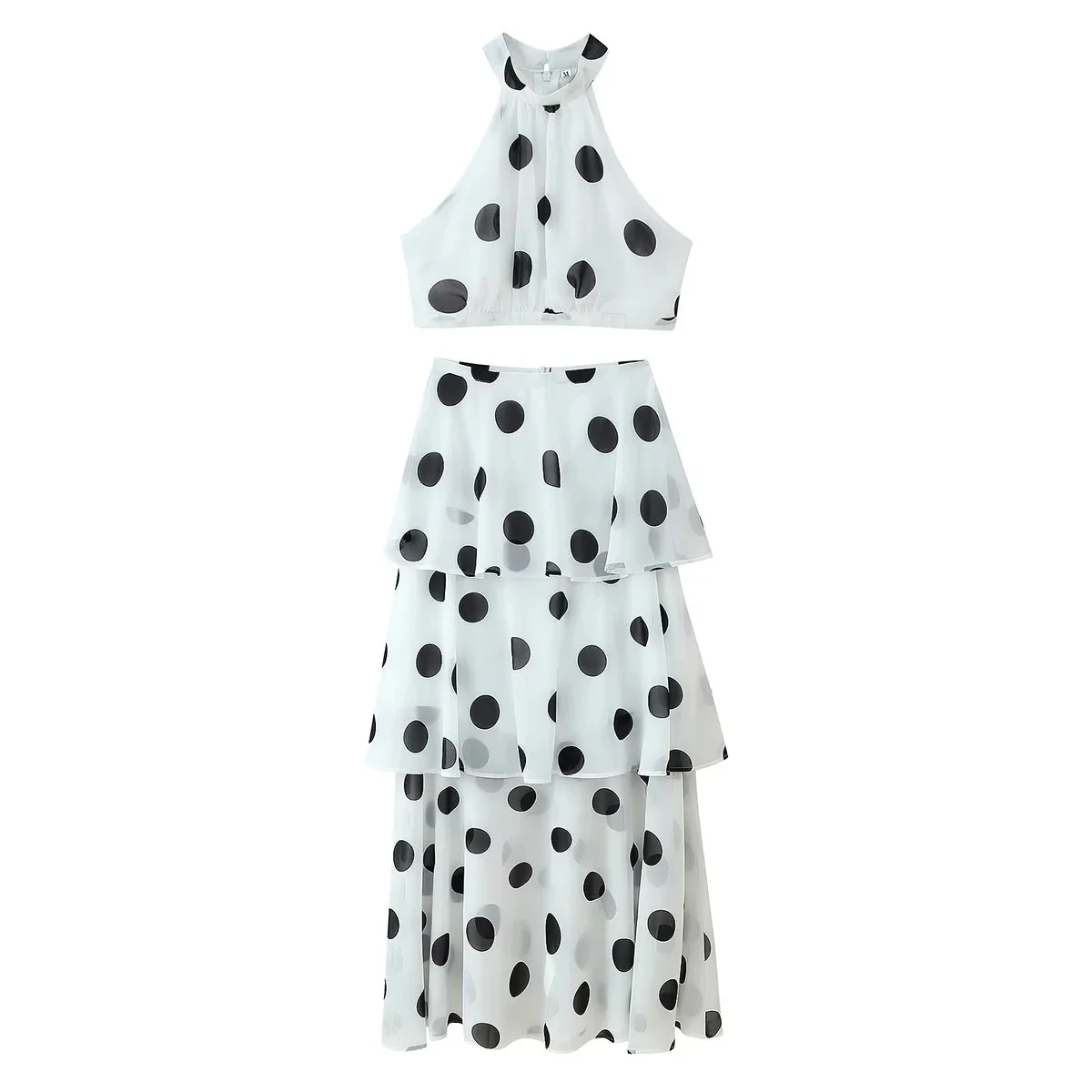 

Summer Women's Svel round Dot Print Vest Top + Long Cake-Sle Skirt Two-Piece Set Hanging Collar Neline Faionable ...