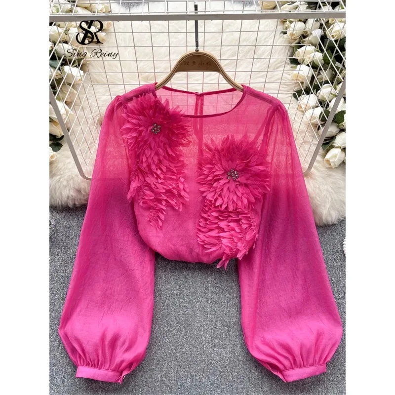 

Spring Loose Satin Blouse Women Neck Long Sleeves Sheer Bohemian Top 2026 Transparent 3D Floral Casual Shirt