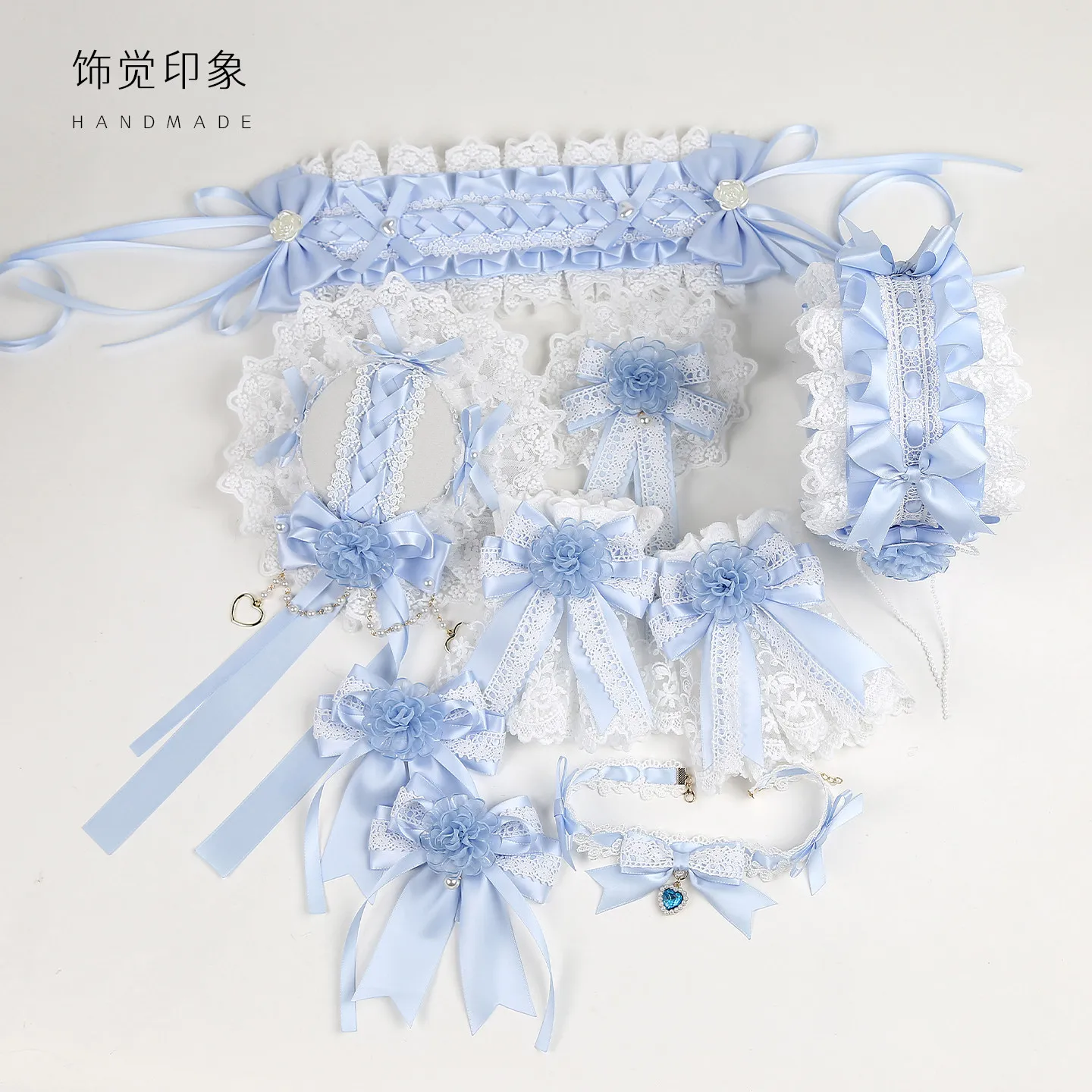 Hand Embroidered Flower Ball Lolita Headdress Original Handmade Lolita Blue White Lace Bow Hair Accessories Headband Top Hat