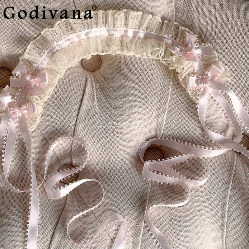 Шелковые розовые повязки на голову в стиле Лолиты для женщин, оригинальные повседневные кружевные головные уборы ручной работы для девочек, милые милые вечерние повязки на голову, аксессуары