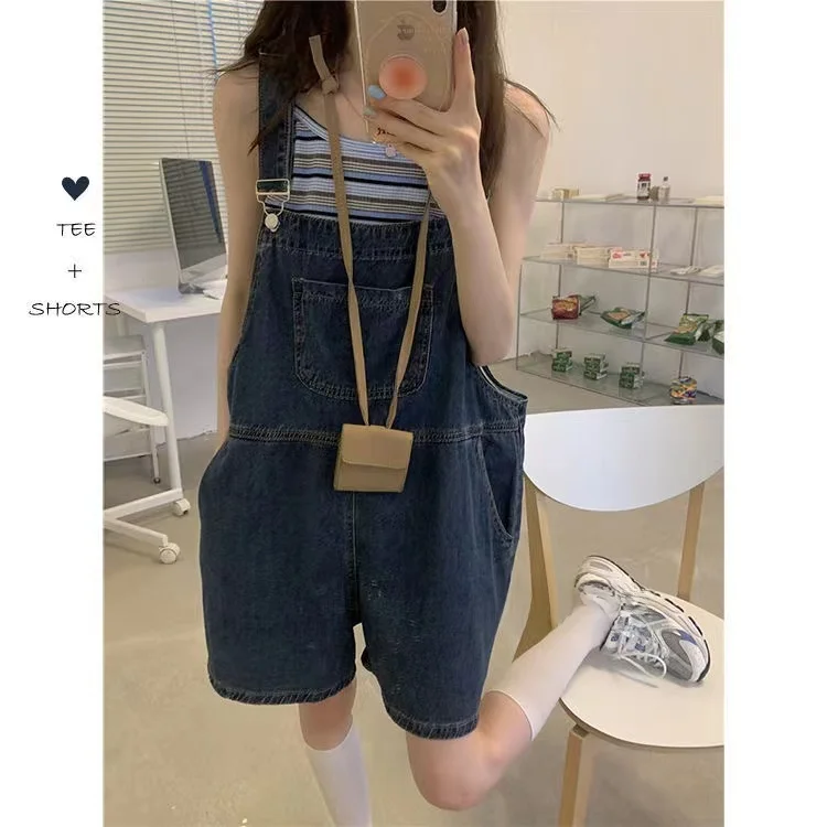 Cute Loose Denim Overalls Women's Summer New Korean Sle High Waist ort Pants Japanese Sle Small Size Jeans Outfit