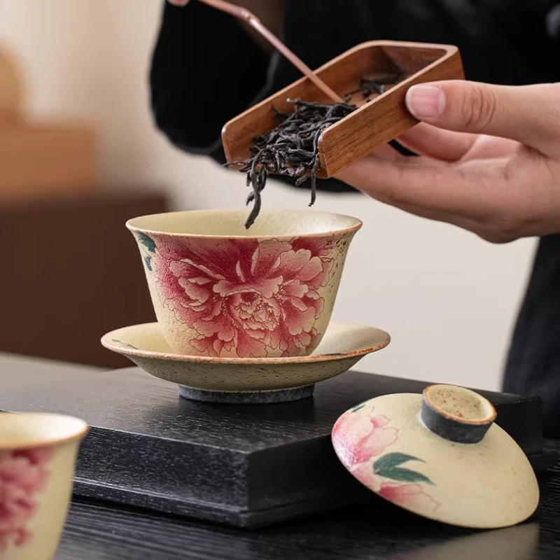

Vintage Flaming Red Porcelain Gaiwan Tea Set with Peony Chinese Style Handmade Ceramic Tea Cup