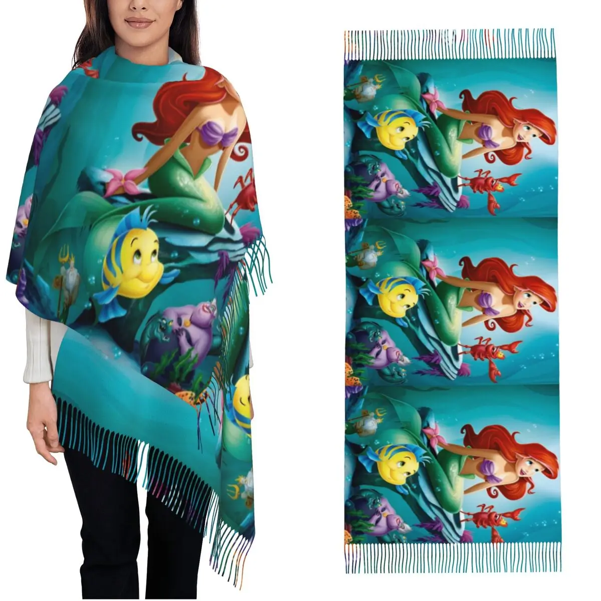 Women's Tassel Scarf The Little Mermaid Cartoon Long Winter Warm Shawl Wrap Ariel Anime Princess Daily Wear Pashmina Scarves