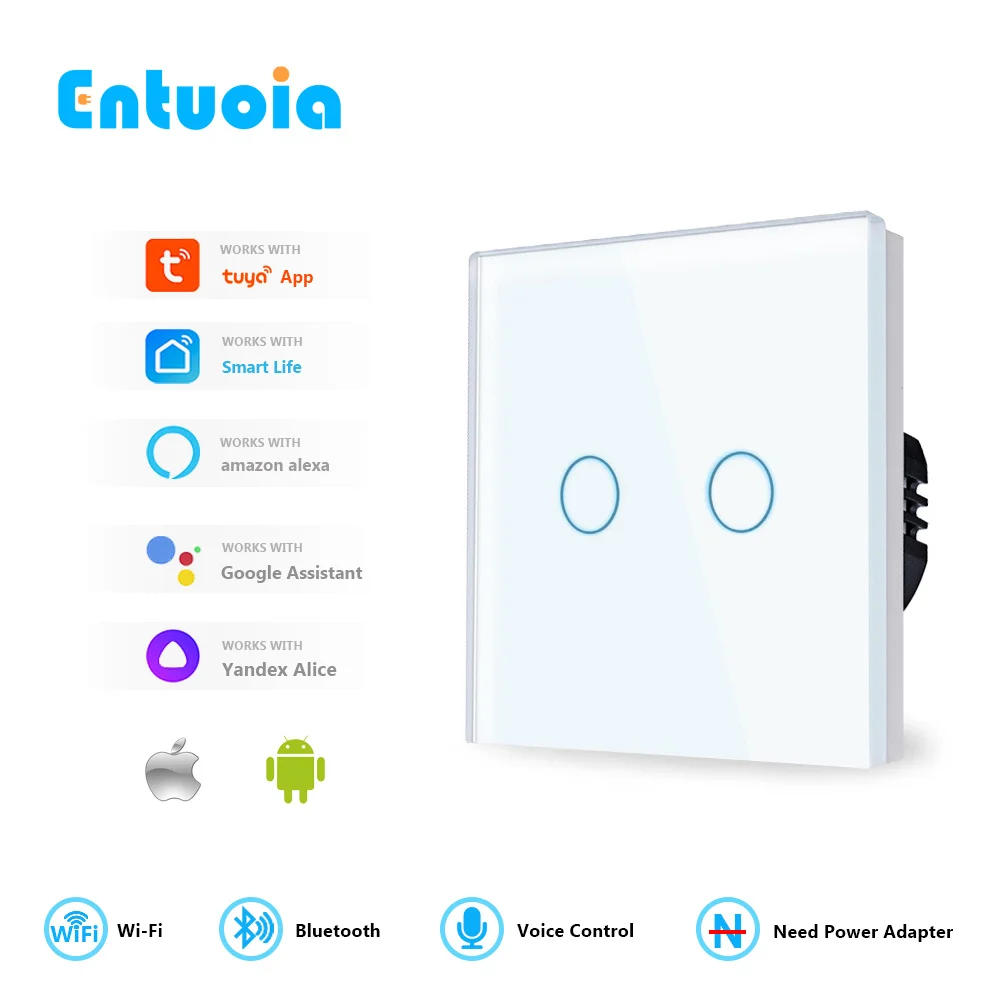 

ENTUOIA Smart Wifi Touch Switch No Neutral Wire Required Smart Home 1/2/3 Gang Light Switch Support Alice Alexa Google Tuya App