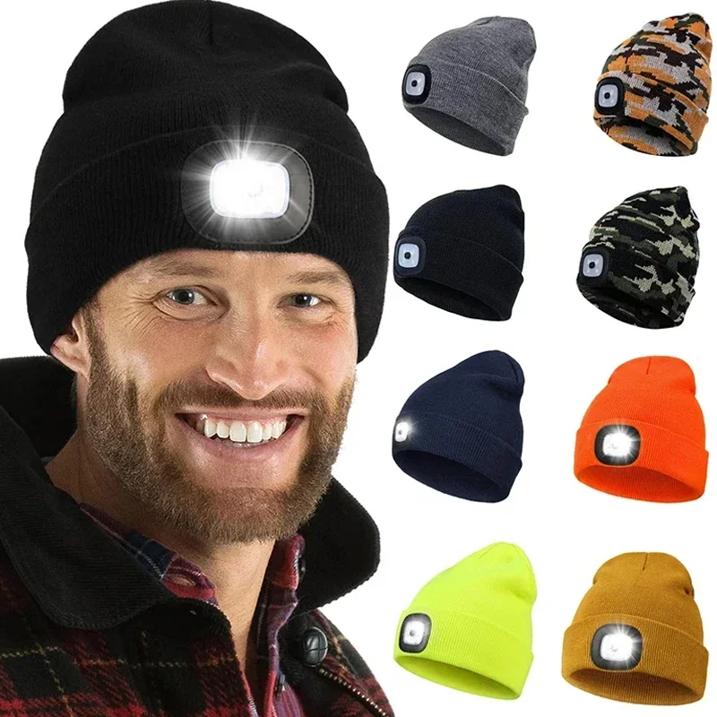 

Winter Led Flashlight Cap Autumn Warm Knitted Beanie Lamp Hat Outdoor Sports Elastic Light Night Hats Unisex Headlight Bonnets