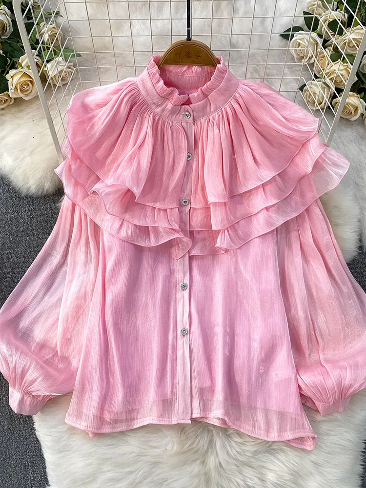 

Женская элегантная блузка с рюшами и воротником-стойкой, рукавами-фонариками, весенняя, из тонкой струящейся ткани, модель BL350