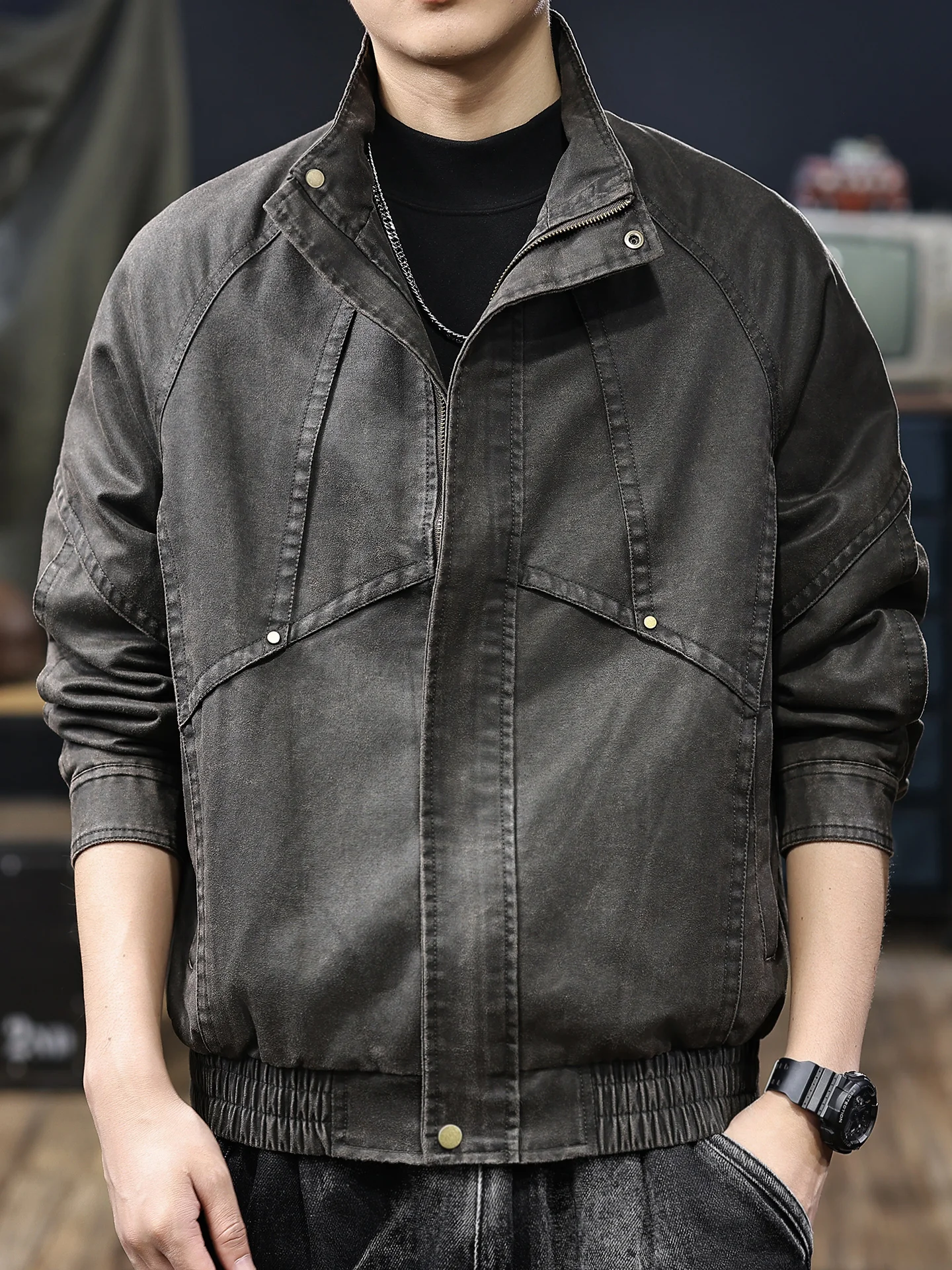 

Retro Waed Leather Jaet Men's Autumn Winter New Sle American Hard Man Workwear Riding Jaet Trendy Loose Fit Cotton Blend