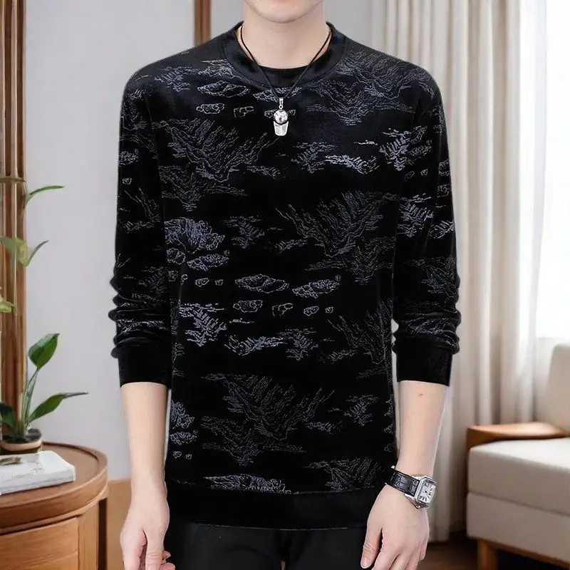 

Осенне-зимняя новая мужская золотая бархатная повседневная бархатная футболка с длинными рукавами, утепленный теплый топ, толстовка