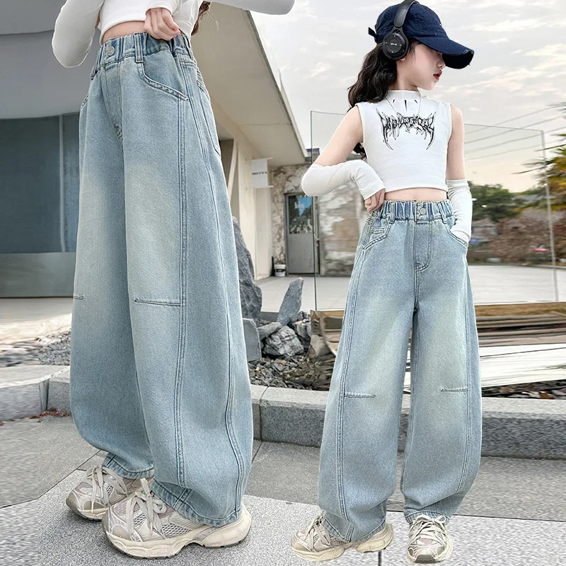 

Teen Girls Retro Patchwork Jeans for Kids Casual Blue Washed Denim Pants Children Spring Autumn Streetwear Jeans Trousers 5-14 T